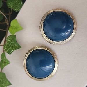 Vintage Clip On Round Earrings Gold with Teal Center